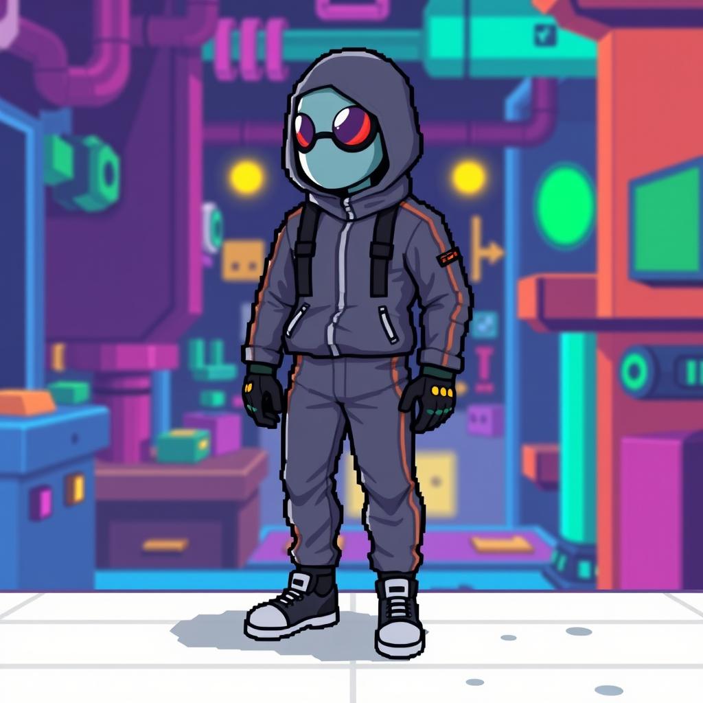 A pixel art soldier from the 'Squid Game' series, standing on a platform