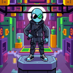 A pixel art soldier from the 'Squid Game' series, standing on a platform