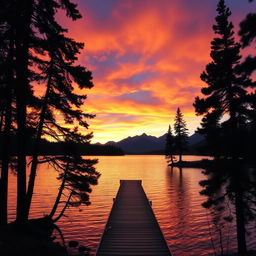 A serene and vibrant sunset view over a tranquil lake, with silhouettes of tall pine trees framing the scene, warm hues of orange, pink, and purple blending in the sky, and gentle ripples on the water's surface reflecting the colors above