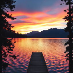A serene and vibrant sunset view over a tranquil lake, with silhouettes of tall pine trees framing the scene, warm hues of orange, pink, and purple blending in the sky, and gentle ripples on the water's surface reflecting the colors above