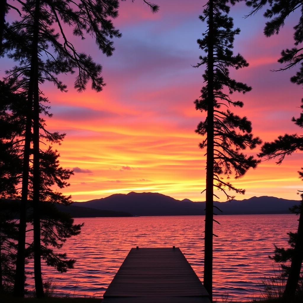 A serene and vibrant sunset view over a tranquil lake, with silhouettes of tall pine trees framing the scene, warm hues of orange, pink, and purple blending in the sky, and gentle ripples on the water's surface reflecting the colors above