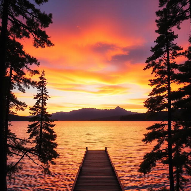 A serene and vibrant sunset view over a tranquil lake, with silhouettes of tall pine trees framing the scene, warm hues of orange, pink, and purple blending in the sky, and gentle ripples on the water's surface reflecting the colors above