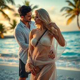 A captivating scene featuring a busty blonde woman wearing a transparent saree draped elegantly over a stylish bikini blouse, showcasing her curves in a luxurious beach setting