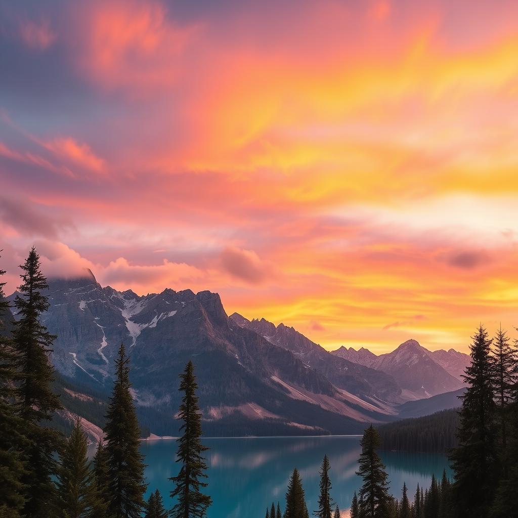 A stunning landscape of a majestic mountain range under a vibrant sunset sky, with tall pine trees in the foreground