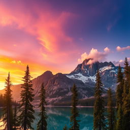 A stunning landscape of a majestic mountain range under a vibrant sunset sky, with tall pine trees in the foreground