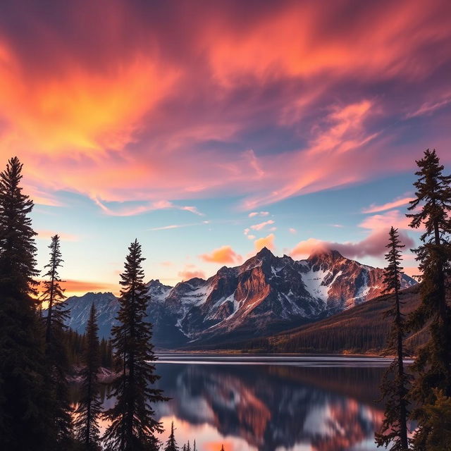 A stunning landscape of a majestic mountain range under a vibrant sunset sky, with tall pine trees in the foreground