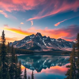 A stunning landscape of a majestic mountain range under a vibrant sunset sky, with tall pine trees in the foreground