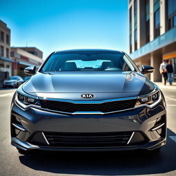 A sleek, stylish Kia Optima with the front of the car designed to resemble a formal suit