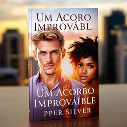 A captivating book cover featuring a handsome blonde man with blue eyes standing confidently next to a beautiful black woman with curly hair and brown eyes
