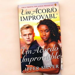 A captivating book cover featuring a handsome blonde man with blue eyes standing confidently next to a beautiful black woman with curly hair and brown eyes