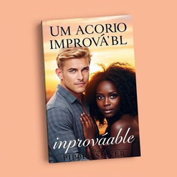 A captivating book cover featuring a handsome blonde man with blue eyes standing confidently next to a beautiful black woman with curly hair and brown eyes