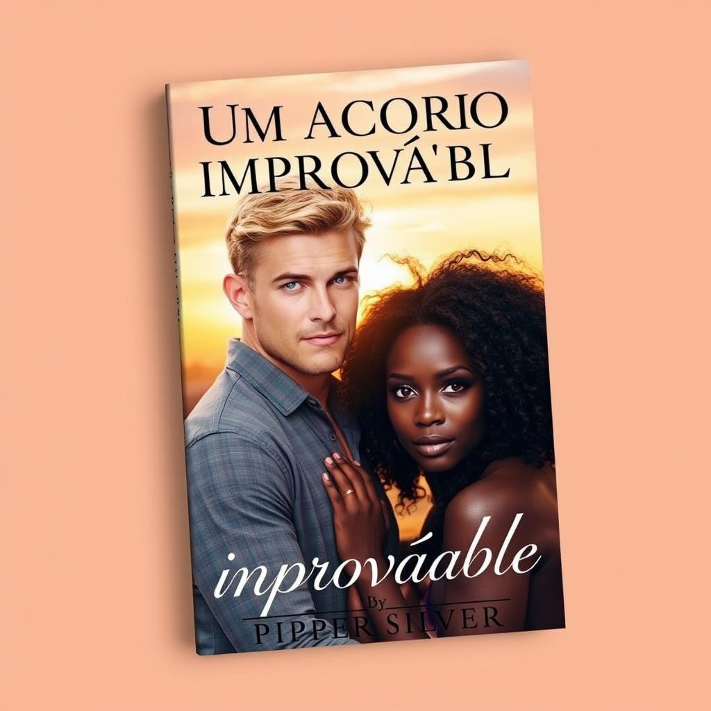 A captivating book cover featuring a handsome blonde man with blue eyes standing confidently next to a beautiful black woman with curly hair and brown eyes