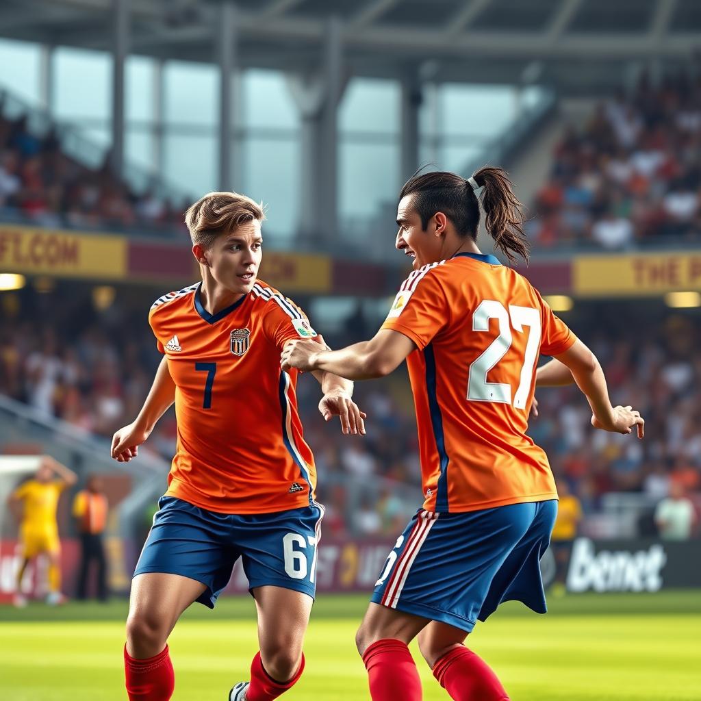 A sporty scene featuring two standout soccer players, number 7 and number 27, in their vibrant team jerseys