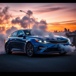 A sleek Kia Optima parked on a street, with smoke billowing from the front, creating a dramatic and intense atmosphere
