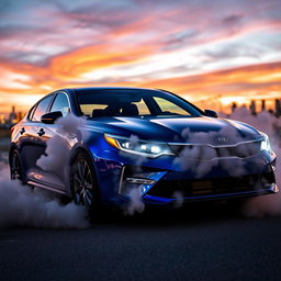 A sleek Kia Optima parked on a street, with smoke billowing from the front, creating a dramatic and intense atmosphere