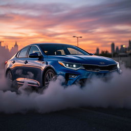 A sleek Kia Optima parked on a street, with smoke billowing from the front, creating a dramatic and intense atmosphere