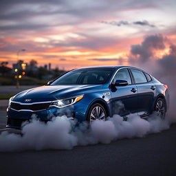 A sleek Kia Optima parked on a street, with smoke billowing from the front, creating a dramatic and intense atmosphere