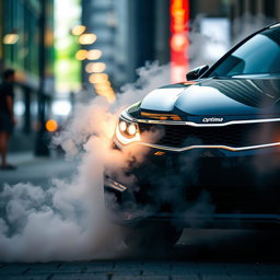A striking image of a Kia Optima parked on a city street, featuring a sleek and modern design with a glossy finish