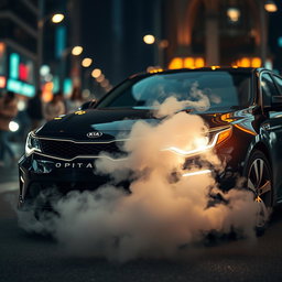 A striking image of a Kia Optima parked on a city street, featuring a sleek and modern design with a glossy finish