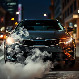 A striking image of a Kia Optima parked on a city street, featuring a sleek and modern design with a glossy finish