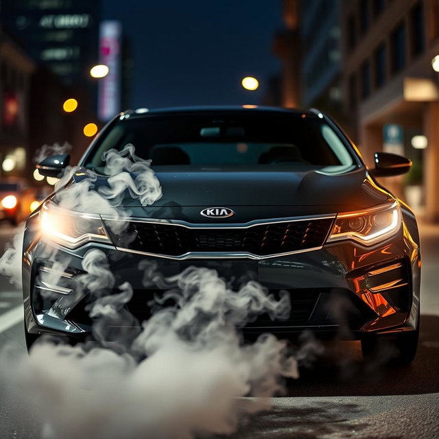A striking image of a Kia Optima parked on a city street, featuring a sleek and modern design with a glossy finish