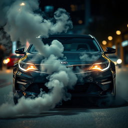 A striking image of a Kia Optima parked on a city street, featuring a sleek and modern design with a glossy finish