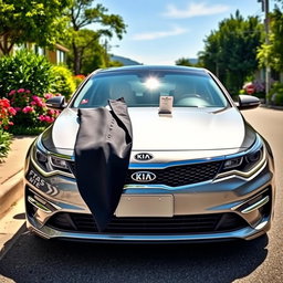 A Kia Optima parked on a scenic street, the front of the car elegantly adorned with a stylish tuxedo