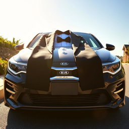 A Kia Optima parked on a scenic street, the front of the car elegantly adorned with a stylish tuxedo