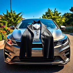 A Kia Optima parked on a scenic street, the front of the car elegantly adorned with a stylish tuxedo