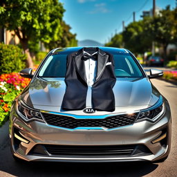 A Kia Optima parked on a scenic street, the front of the car elegantly adorned with a stylish tuxedo