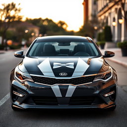 A sleek Kia Optima featuring a unique vinyl tuxedo design on the front of the car, showcasing elegant black and white detailed patterns that mimic a classic tuxedo shirt with a bow tie