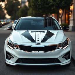 A sleek Kia Optima featuring a unique vinyl tuxedo design on the front of the car, showcasing elegant black and white detailed patterns that mimic a classic tuxedo shirt with a bow tie