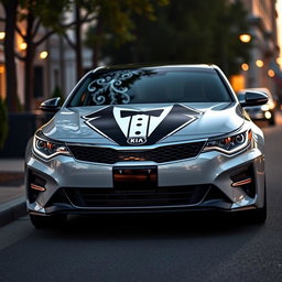 A sleek Kia Optima featuring a unique vinyl tuxedo design on the front of the car, showcasing elegant black and white detailed patterns that mimic a classic tuxedo shirt with a bow tie
