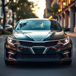 A sleek Kia Optima featuring a unique vinyl tuxedo design on the front of the car, showcasing elegant black and white detailed patterns that mimic a classic tuxedo shirt with a bow tie
