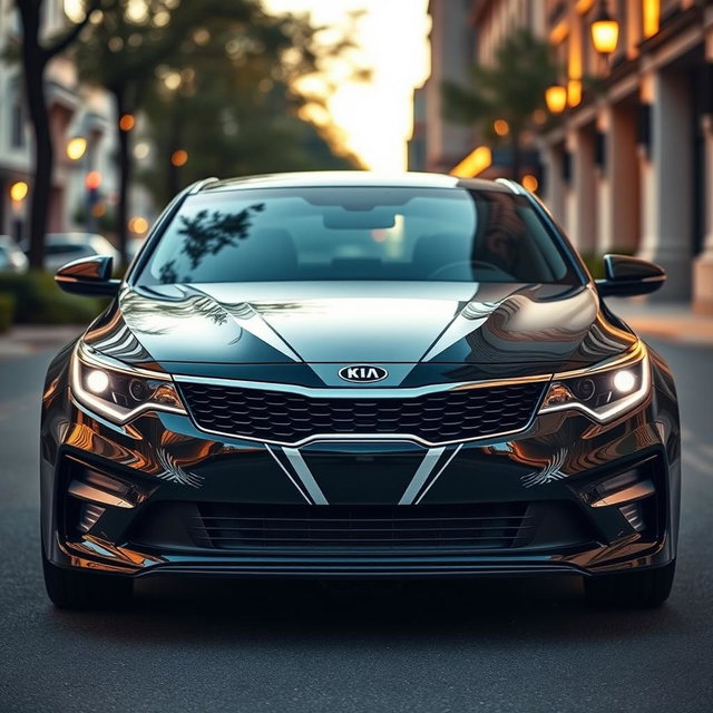 A sleek Kia Optima featuring a unique vinyl tuxedo design on the front of the car, showcasing elegant black and white detailed patterns that mimic a classic tuxedo shirt with a bow tie