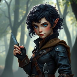 A female halfling rogue with short, dark curly hair and striking blue eyes, poised for her next adventure