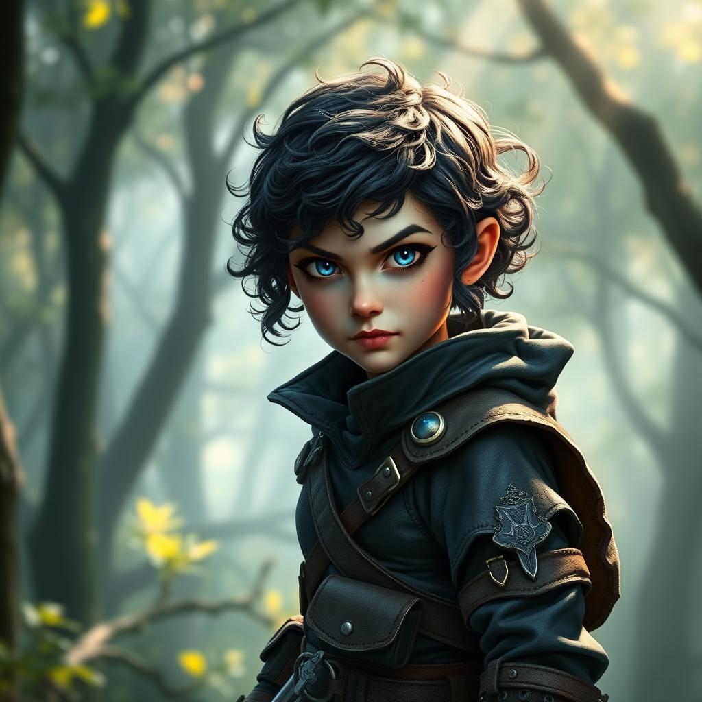 A female halfling rogue with short, dark curly hair and striking blue eyes, poised for her next adventure