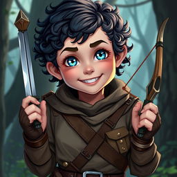 A female halfling rogue with dark short curly hair and bright blue eyes, radiating enthusiasm and ready for her next adventure