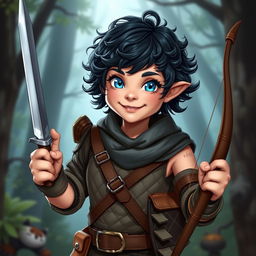 A female halfling rogue with dark short curly hair and bright blue eyes, radiating enthusiasm and ready for her next adventure