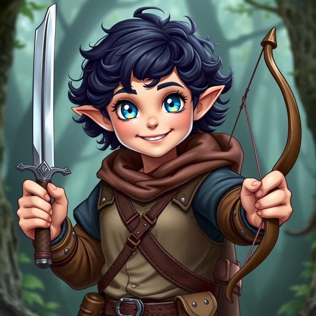 A female halfling rogue with dark short curly hair and bright blue eyes, radiating enthusiasm and ready for her next adventure