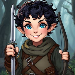 A female halfling rogue with dark short curly hair and bright blue eyes, radiating enthusiasm and ready for her next adventure