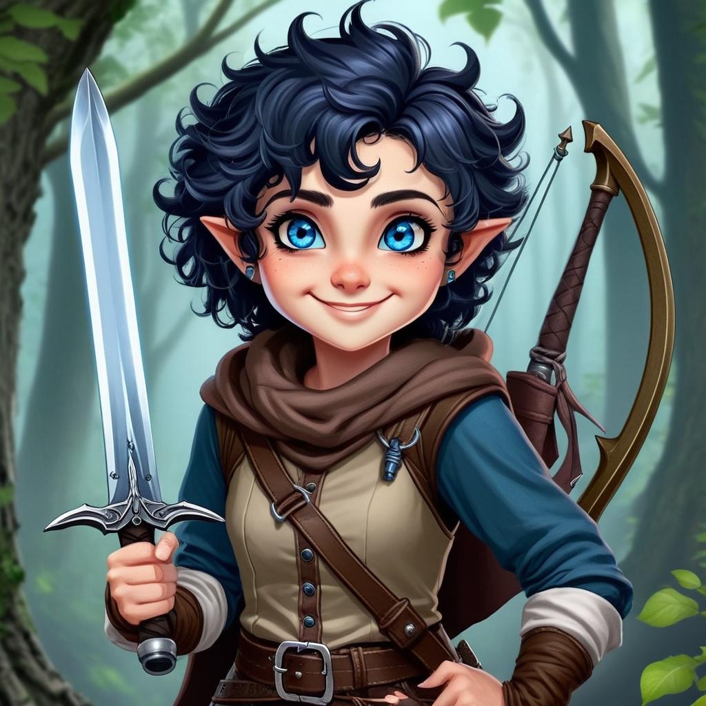 a female halfling rogue with dark short curly hair and blue eyes, ready for her next adventure, she is smiling, she has a rapier and a bow, she is wearing adventurer clothes
