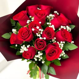 A classic bouquet of vibrant red roses beautifully accented with delicate baby’s breath and lush greenery