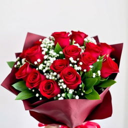 A classic bouquet of vibrant red roses beautifully accented with delicate baby’s breath and lush greenery