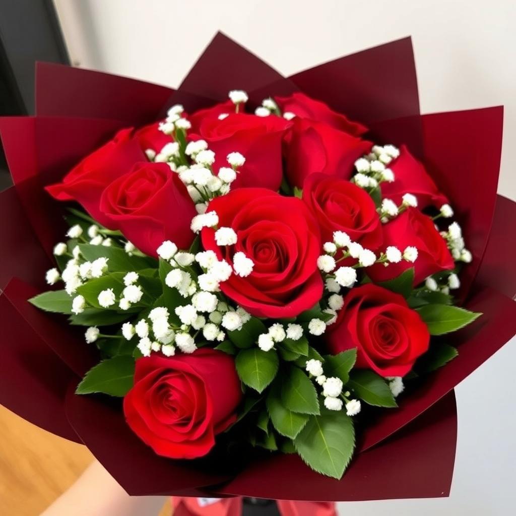 A classic bouquet of vibrant red roses beautifully accented with delicate baby’s breath and lush greenery