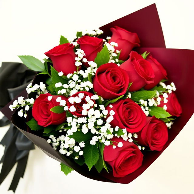 A classic bouquet of vibrant red roses beautifully accented with delicate baby’s breath and lush greenery