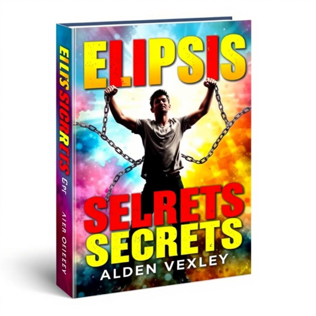 A realistic and vibrant cover design for a book titled 'Elipsis Secrets' by Alden Vexley, featuring a dynamic scene of a person breaking free from chains, symbolizing transformation and change