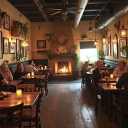 A cozy restaurant interior depicting warm, inviting ambiance, with soft lighting casting a gentle glow over rustic wooden tables and chairs