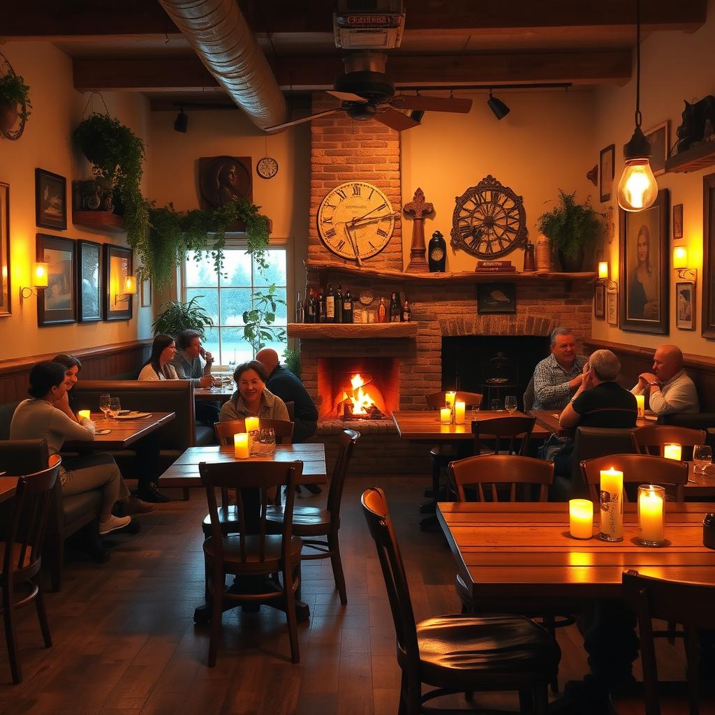 A cozy restaurant interior depicting warm, inviting ambiance, with soft lighting casting a gentle glow over rustic wooden tables and chairs
