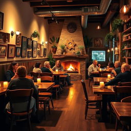 A cozy restaurant interior depicting warm, inviting ambiance, with soft lighting casting a gentle glow over rustic wooden tables and chairs